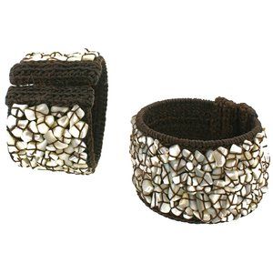 POSEIDON MOTHER OF PEARL SEWN ONTO BROWN WOVEN CUFF.. WHITE
